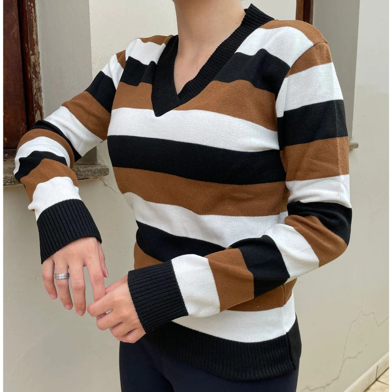 Blusa Feminina de Tricot Listrada com Gola V para Inverno