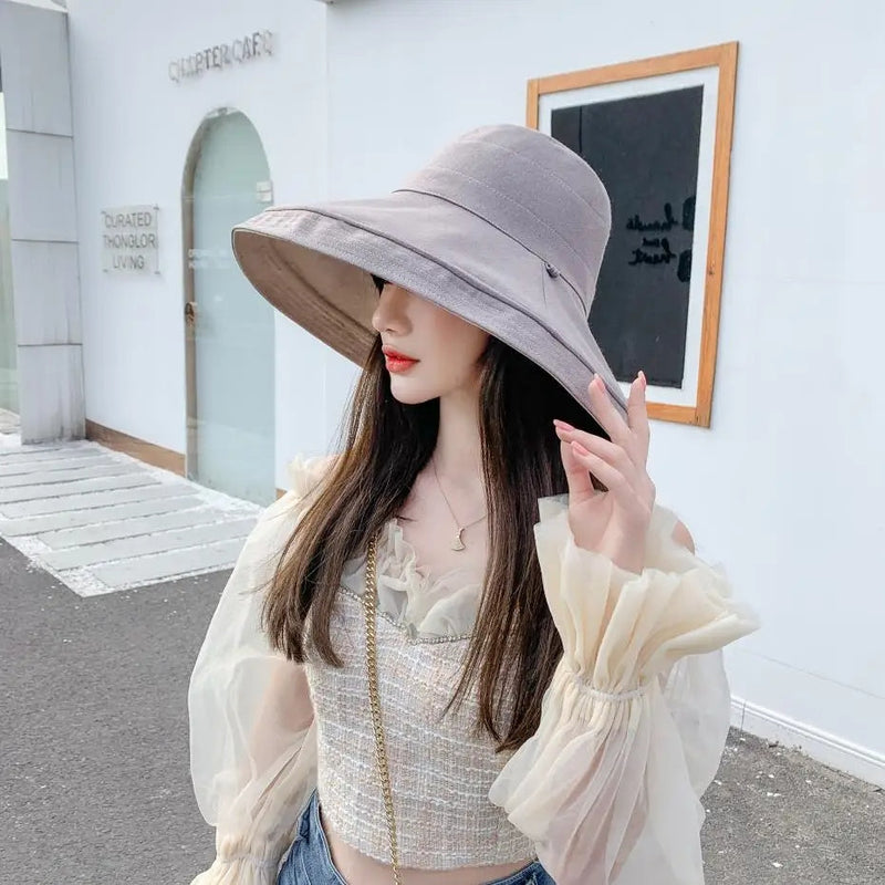 Chapéu Feminino de Verão com Aba Larga Dupla Face Dobrável