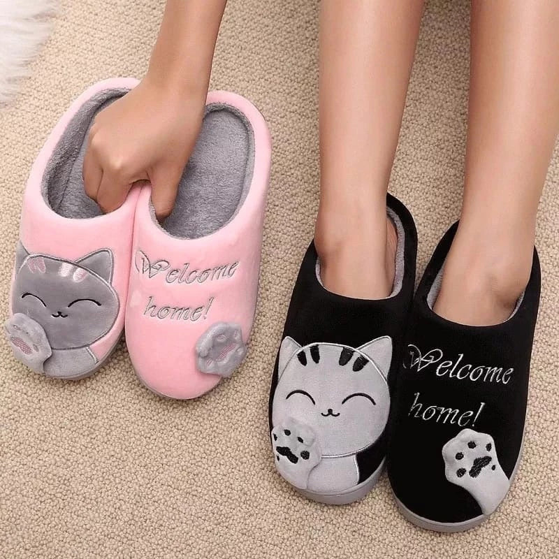 Pantufa Feminina Gato Peluciada para Inverno Antiderrapante