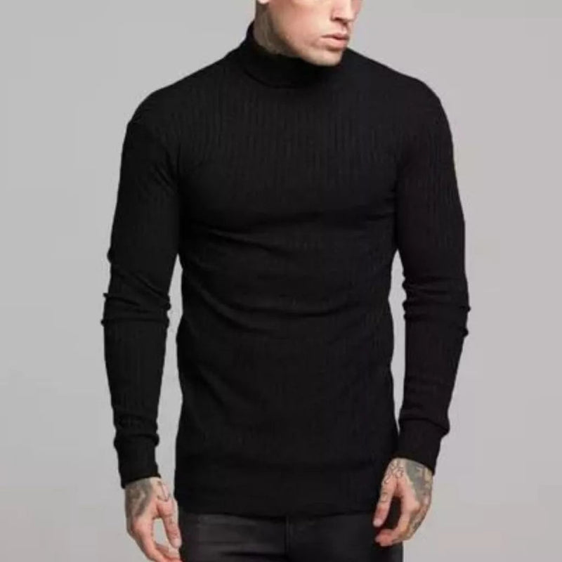 Suéter Masculino de Lã em Tricô Canelado com Gola Alta