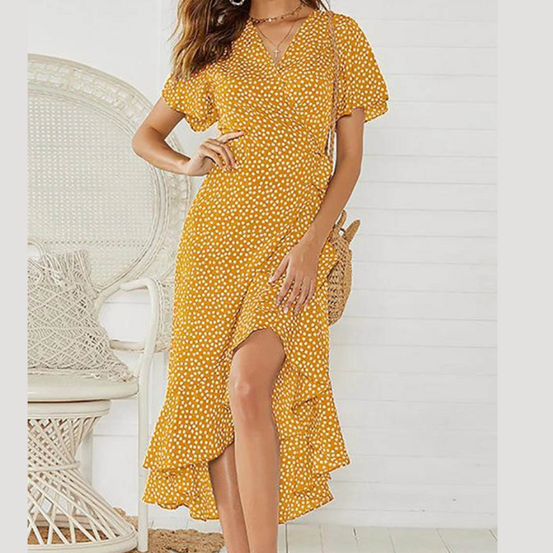 Vestido Feminino Longo de Verão Estampado com Babados